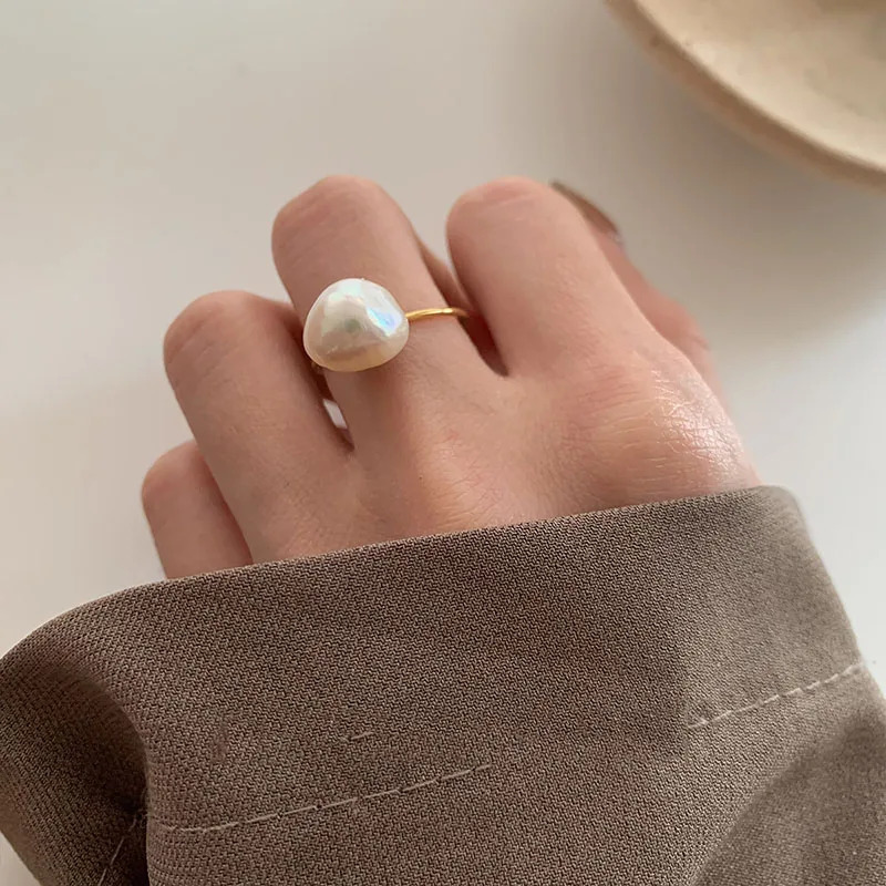 Large Baroque Pearl Ring Stainless Steel Ring Suitable for Women Simple Minimum Stainless Steel Ring Size 9 Daily Waterproof 241113
