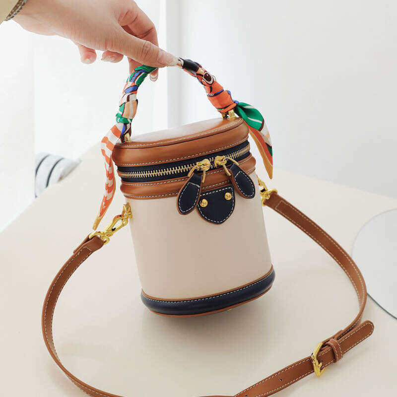 Vibrant Colorblock Cyder Bucket Bag Stylish Top Handle, Crossbody Design, Detachable Scarf Decoration, Soft Shoulder Strap, Spacious Interior - Perfec
