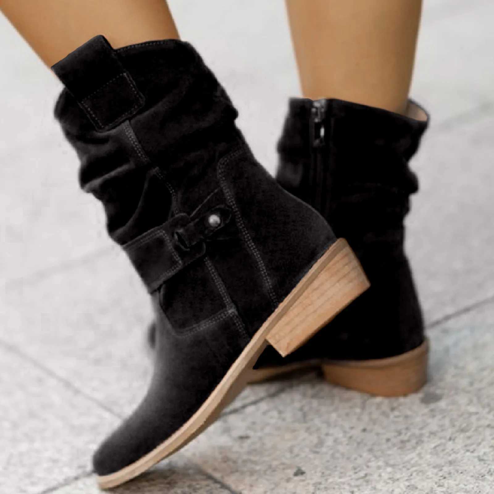Wern Cowboy Boots Wen Ankle Boots Low H Suede Boots Metal Buckle Side Zipper Size 43 Short Boots Womens Shoes M241113