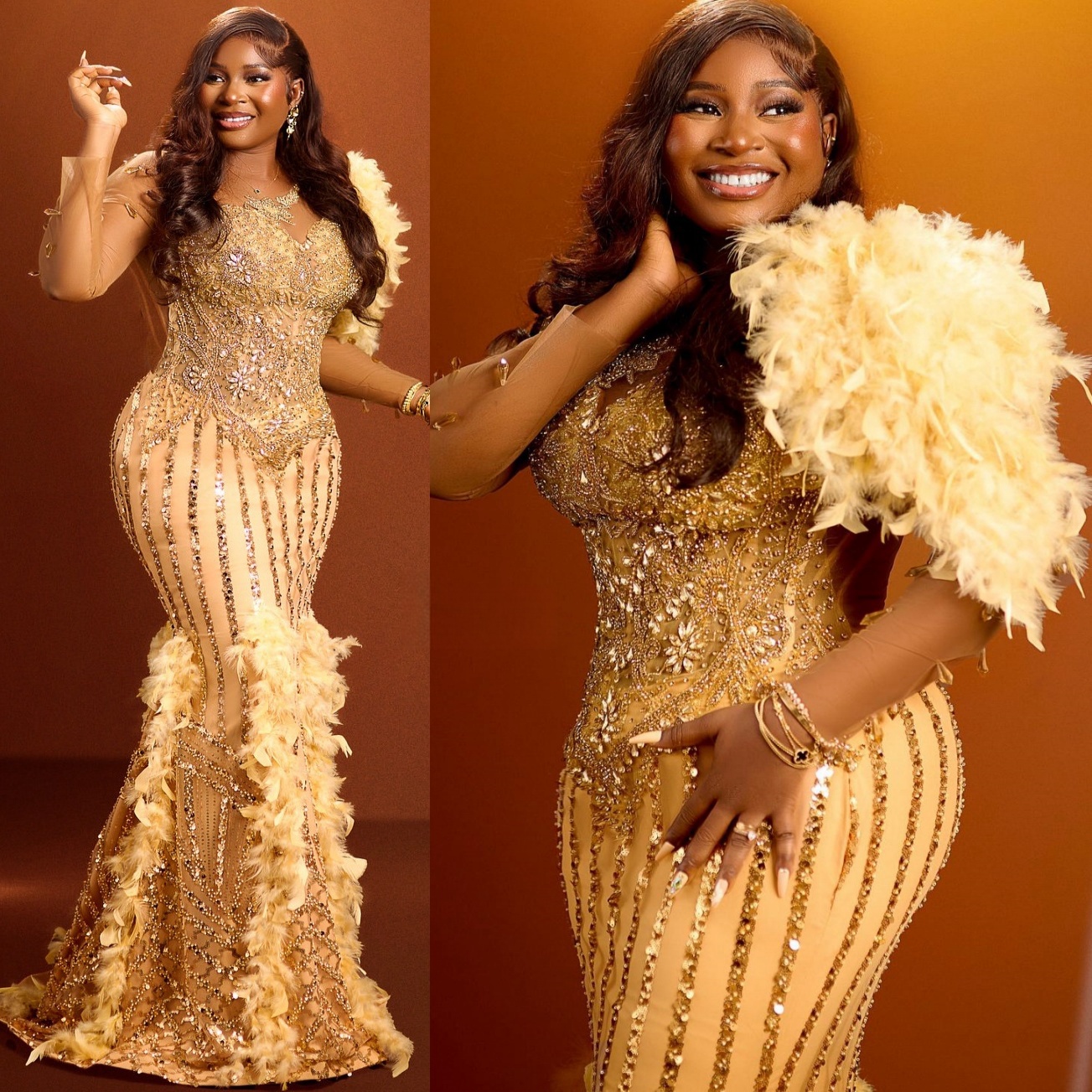 2024 Plus Size Gold Illusion Mermaid Prom Dresses For Special Occasions Crystals Lace Feather Evening Party Birthday Gowns Dress For Women Vestidos de