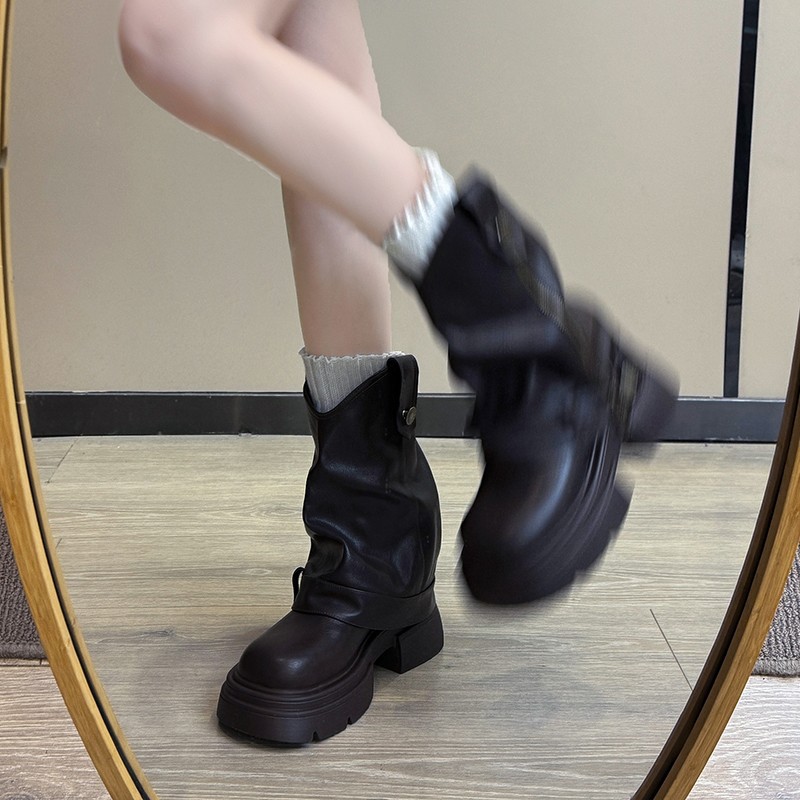 Women's Boots:Thick Chunky Heel Retro Style Thick Sole Increase Height Martin Boots Versatile,Black/Brown,Free shipping 6933