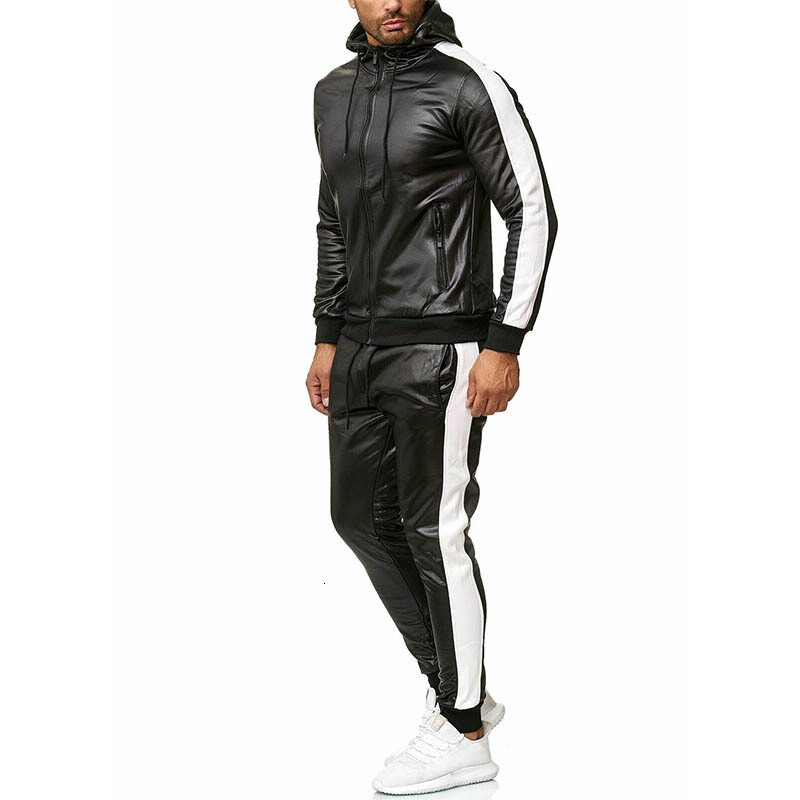 European cross-border autumn and winter men's hooded set with PU leather jacket for sports, slow running, and leisure. Two piece set for foreign 