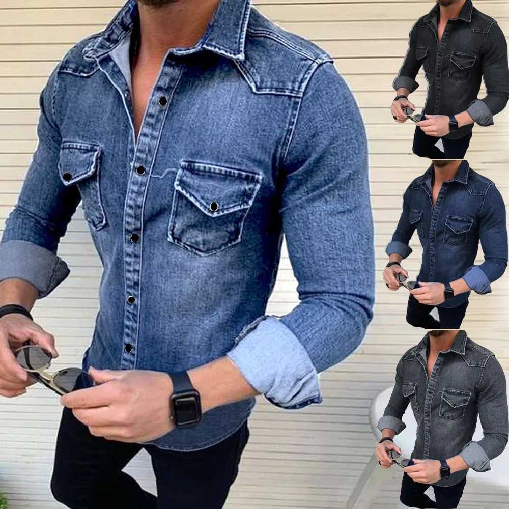 ZOGAA Mens Solid Color Soft Elastic Washed Denim Shirt Slim Fit Long Sleeve Casual High Quality Denim Shirt CoatXJ24113