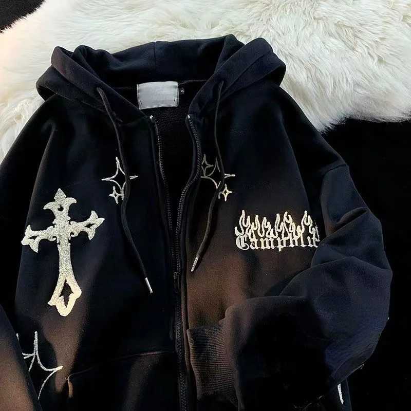 1Hoodies Women Retro Harajuku Hip Hop Jacket High Street Zip Up Hoodie Casual Loose Sweatshirt Clothes Y2K Tops oversized hoodieXJ241113