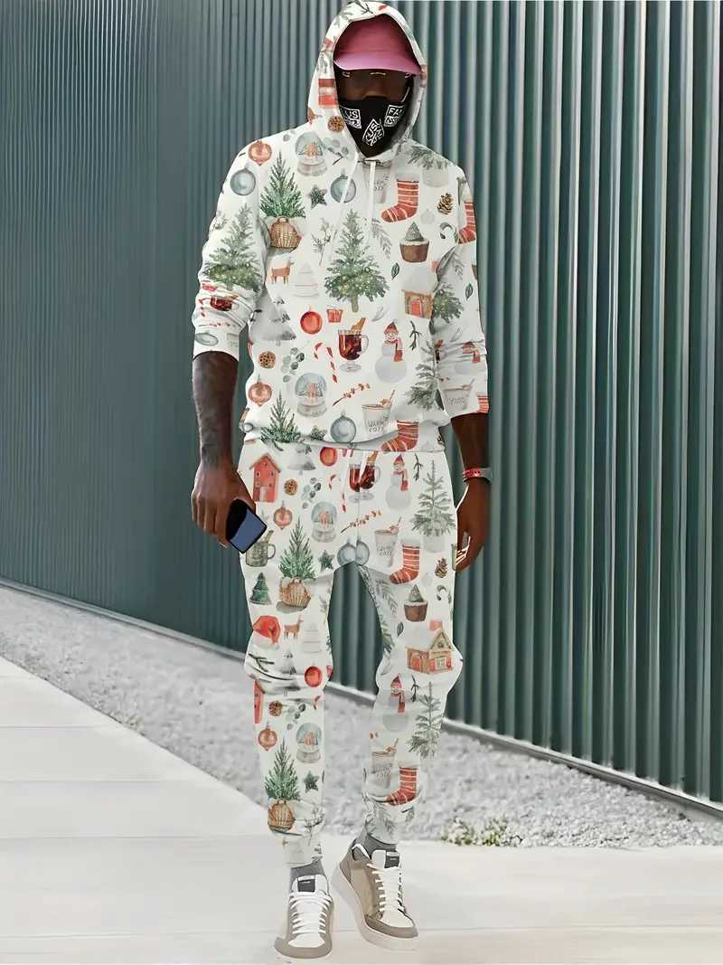 Mens Christmas Hoodie Set 3D Printed Adult and Child Two Piece Set Tracksuit New Years Party Couple Christmas Gift Extra Large Sweater Set X241113