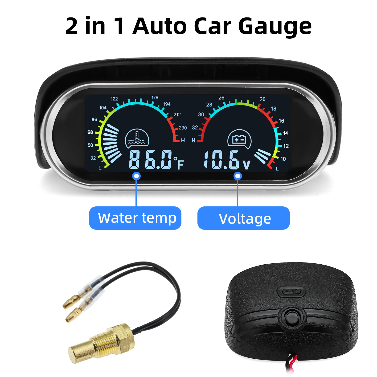 New 12v/24v Auto Car 2 in 1 LCD Digital Display Water Temperature+ Voltmeter+Temp Sensor+Adapter(Optional)Universal for Cars