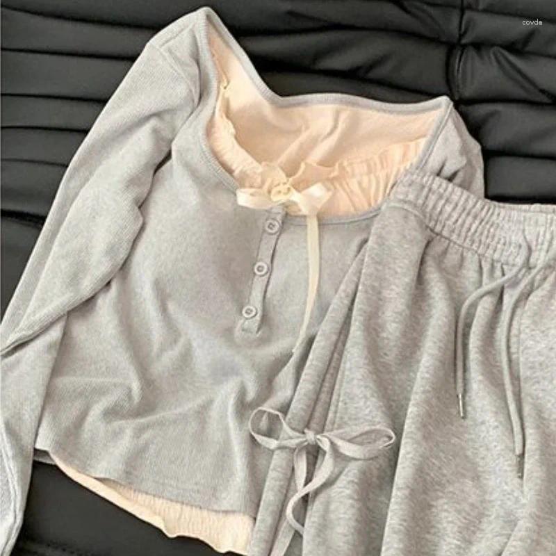 Women's Pants Y2k Spring Korean Version Of Wearing A Gray Casual Female Bow Design Super Sweet High Waist Slim Wide Leg Two Piece