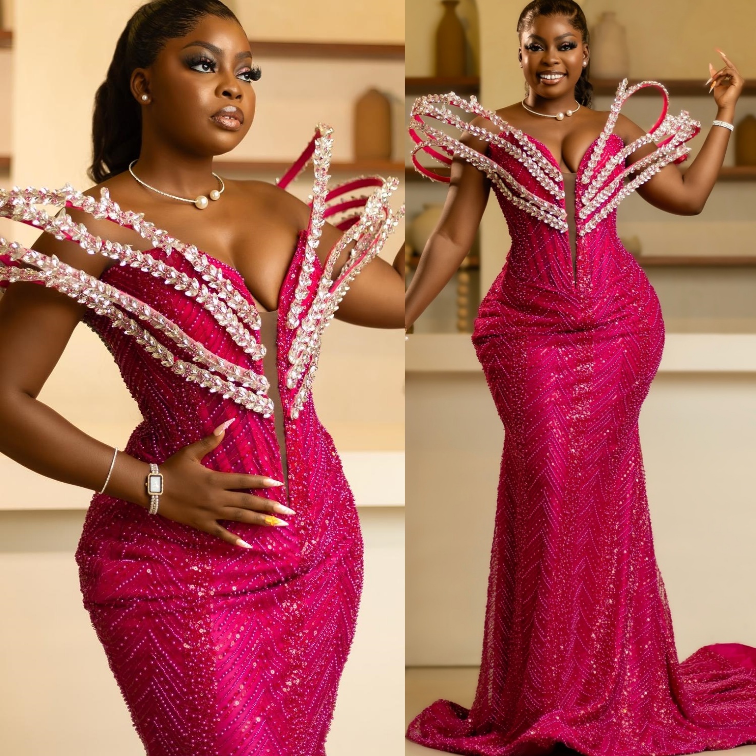 2024 Plus Size Fuchsia Mermaid Prom Dresses For Special Occasions Crystals Sequined Stylish Evening Party Birthday Gowns Dress For Women Vestidos de n