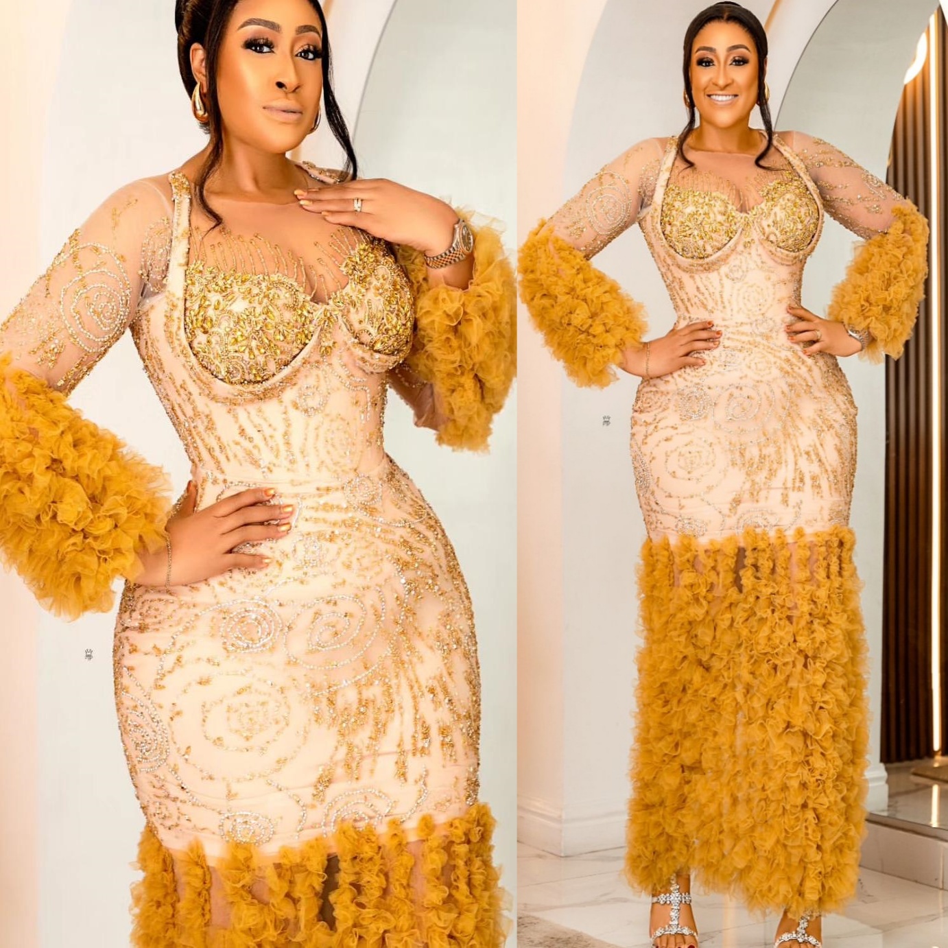 2024 Plus Size Gold Illusion Mermaid Prom Dresses For Special Occasions Lace Beaded Full Sleeves Evening Party Birthday Gowns Dress For Women Vestidos
