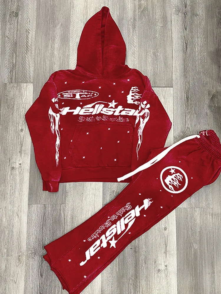 Mens Printed Hoodie Bell Pants Suit Twopiece Y2k Street Sports Hooded Sweatshirt Straight Trousers Fashion Tracksuits 241111