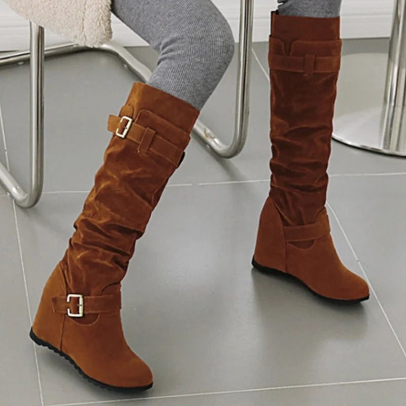 Wedge knee high boots womens winter shoes Wedge high heels fashionable black brown long party shoes womens shoes large size 241113