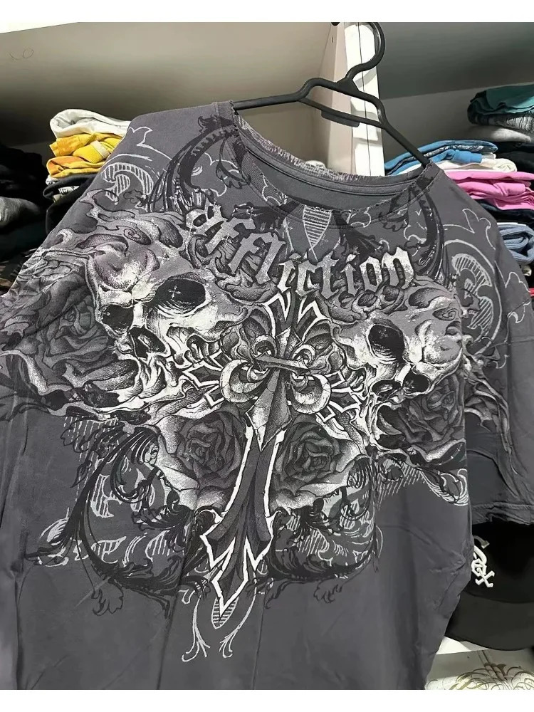 2024 American Retro Skull Vintage Harajuku Hiphop Round Neck Oversized Tshirt Men And Women Y2K Gothic Tops Streetwear 240402