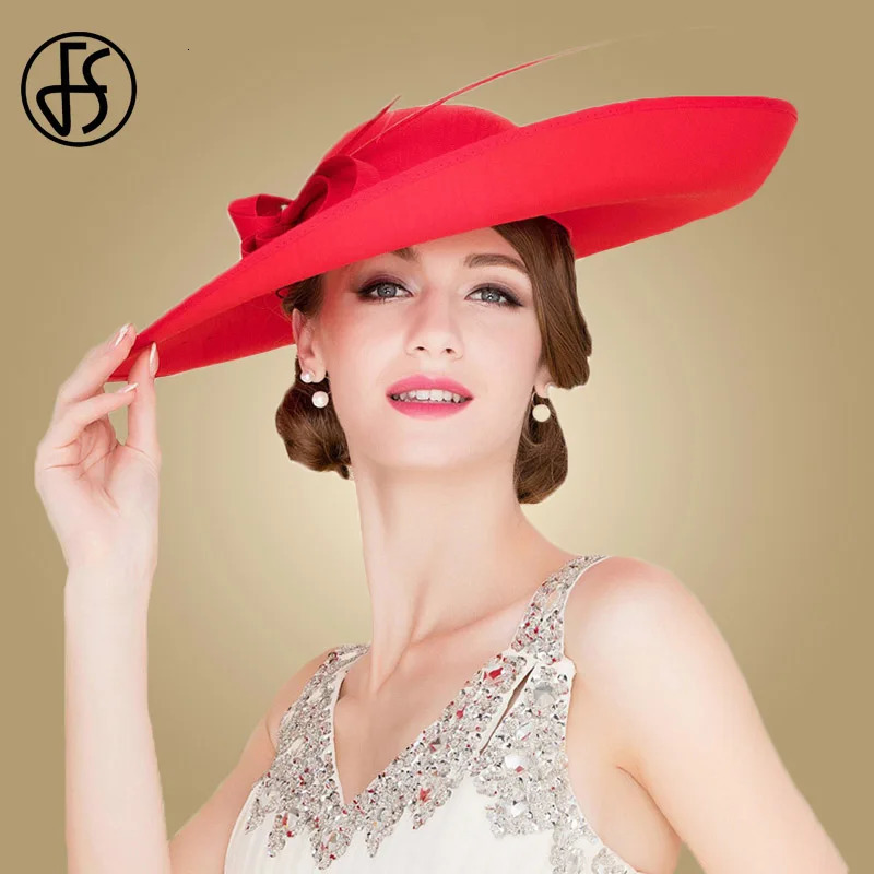 FS Royal Red Ladies Weddings Hats Fascinators Women Black Large Big Brim Kentucky Church Fedoras Party Dress Sinamay Hat 240412