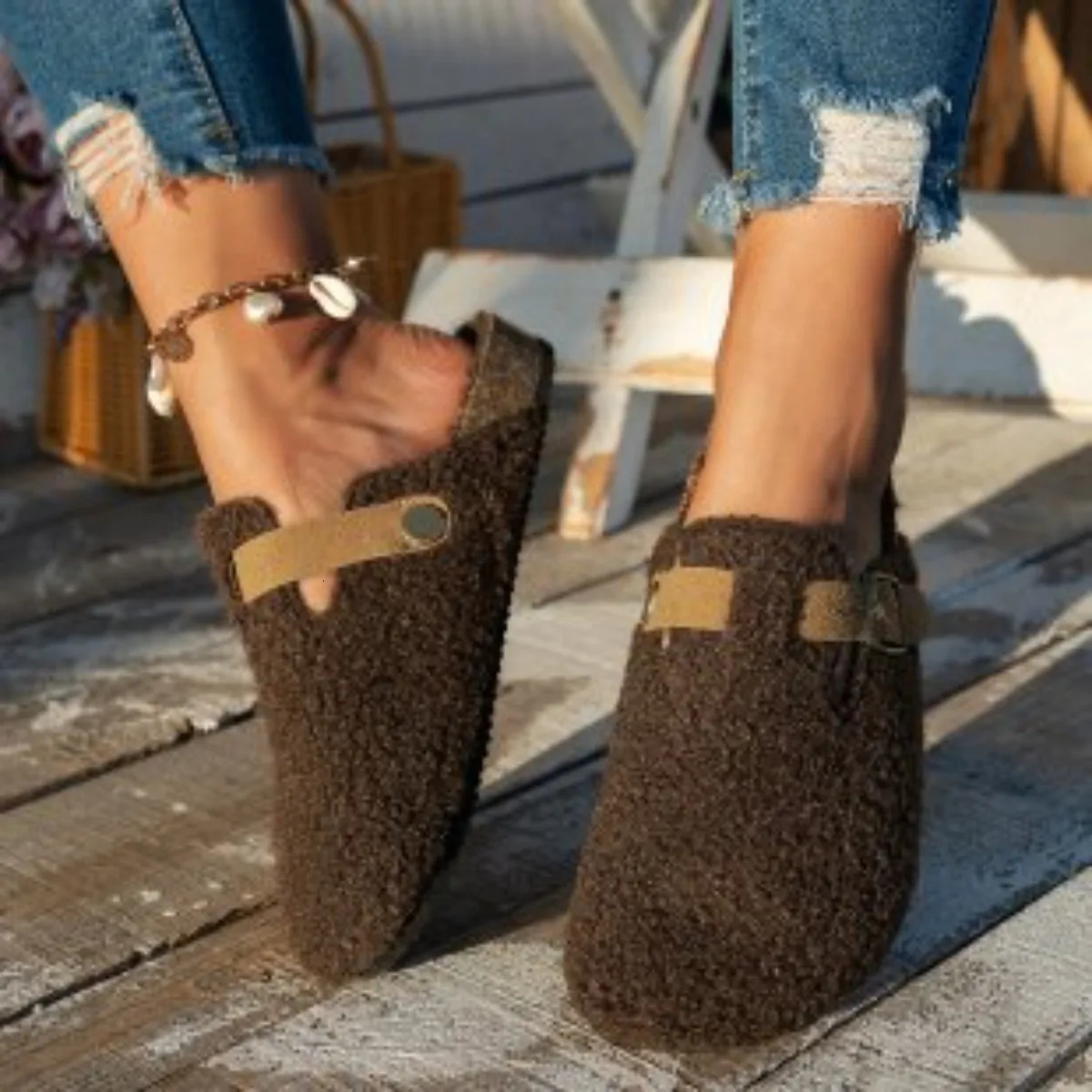 Women Slippers Mules Fur Women Shoes Winter Buckle Flats Platform Walking Plush Ladies Slides Casual Warm Indoor Boots Women 241114