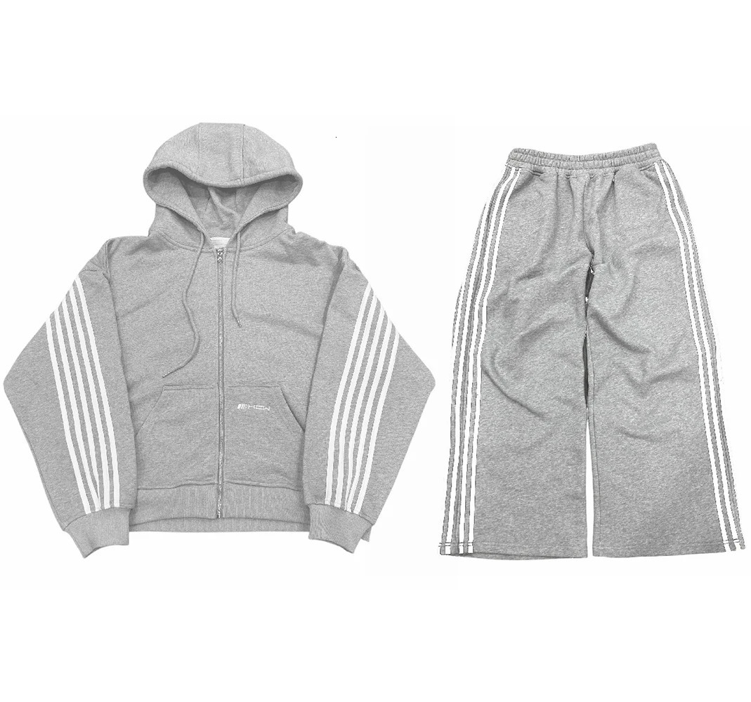 HCW Striped Embroidered Zip Hoodie Sweatpants Two Piece Set Y2K Sportswear Womens Mens Hip Hop Oversized Lounge Pants 241113