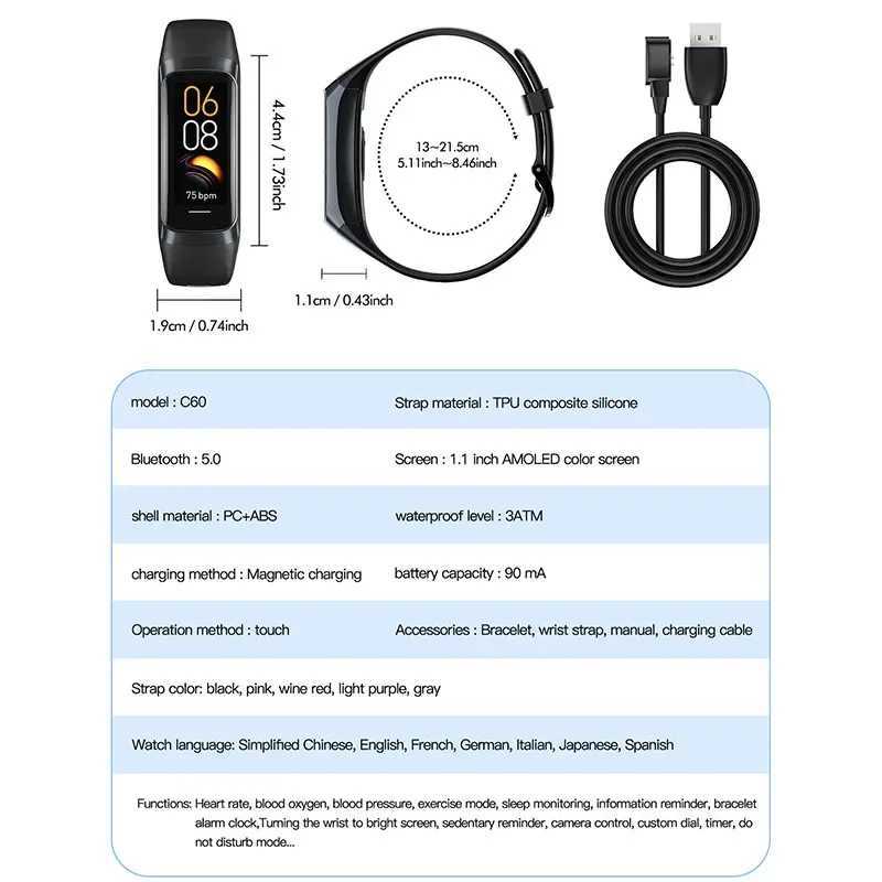 Hot Sale C60 Smart Wah Smartwah Band Wen Rate Waterproof Connection Smart Bracelet Sports Fitness Tracker T241114
