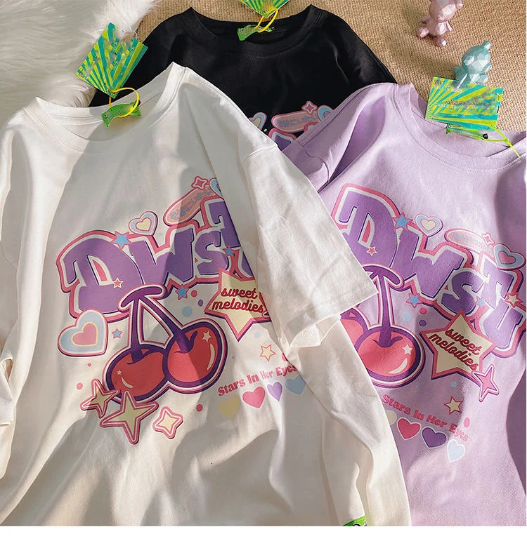Fruit Print Women T shirt 100 Cotton Summer Harajuku Y2K Tshirt Girls Kawaii Loose Short Sleeve Top Cute Oversized Tee Plus Size 240409