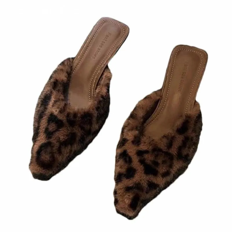 Fur Leopard Pointed Toe Women Slippers Fashion Sexy Mid Heels Dress Shoes Woman 2025 Trend Winter Pumps Walking Zapatillas Mujer 241114