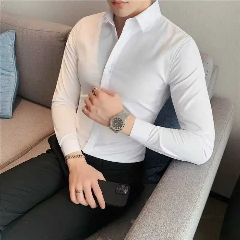 Summer Mens Short Sleeved Shirt Korean Slim Long Sleeved Elastic Business Casual Social Formal Shirt Y2k Elegant Mens ClothingXJ24113