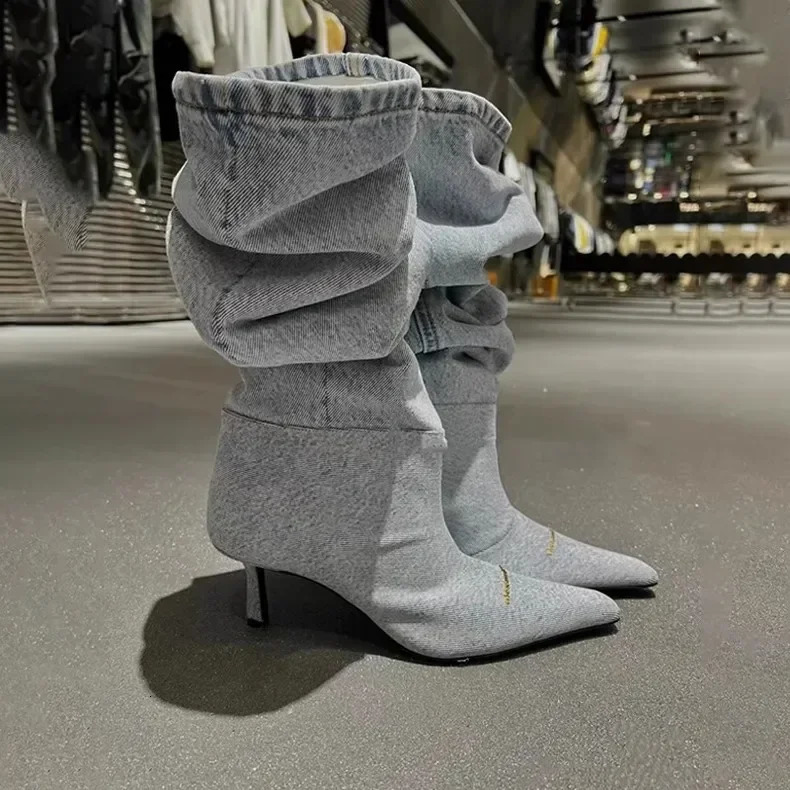 Denim Cowboy Boots For Women Fashion Slip On Long Boots Female Square Heel Autumn Winter Boots Shoes 241113