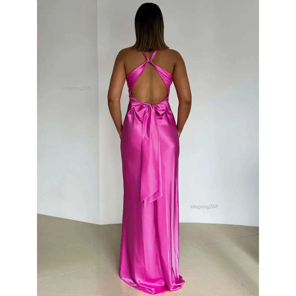 Mozision Satin Bow Backless Sexy Maxi Dress For Women Gown Fashion V Neck Sleeveless Club Party Evening Elegant 240801