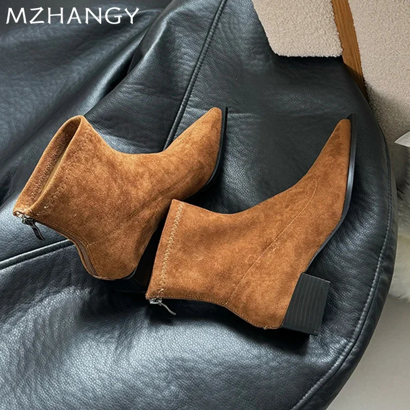 Womens leopard ankle boots toe suede mid boots womens 2024 trend short and chubby Chelsea boots pump Snow Mujer Bottas 241113