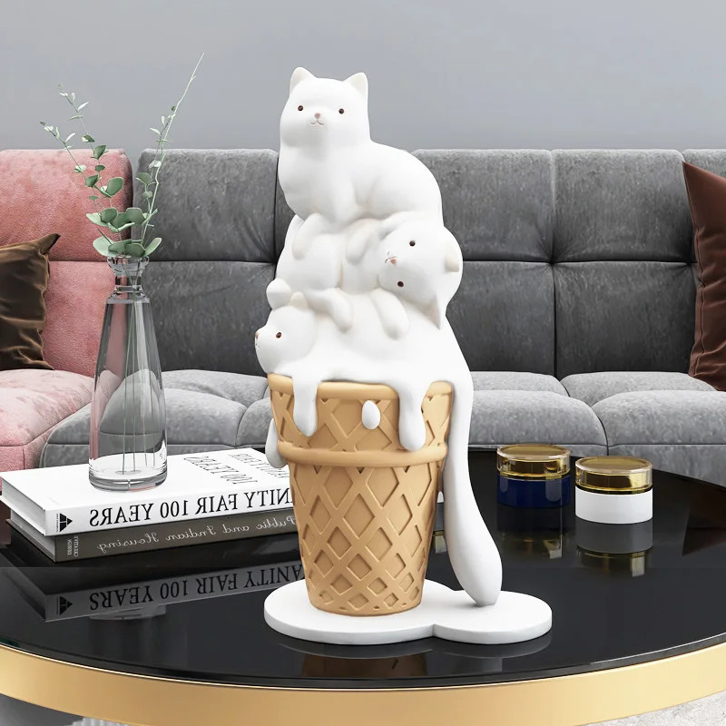 ARTLOVIN Ice Cream Cat Sculpture Resin Figurines For Bookcase Shelf Modern Home Room Decor Creative Animal Figures Gift 240409