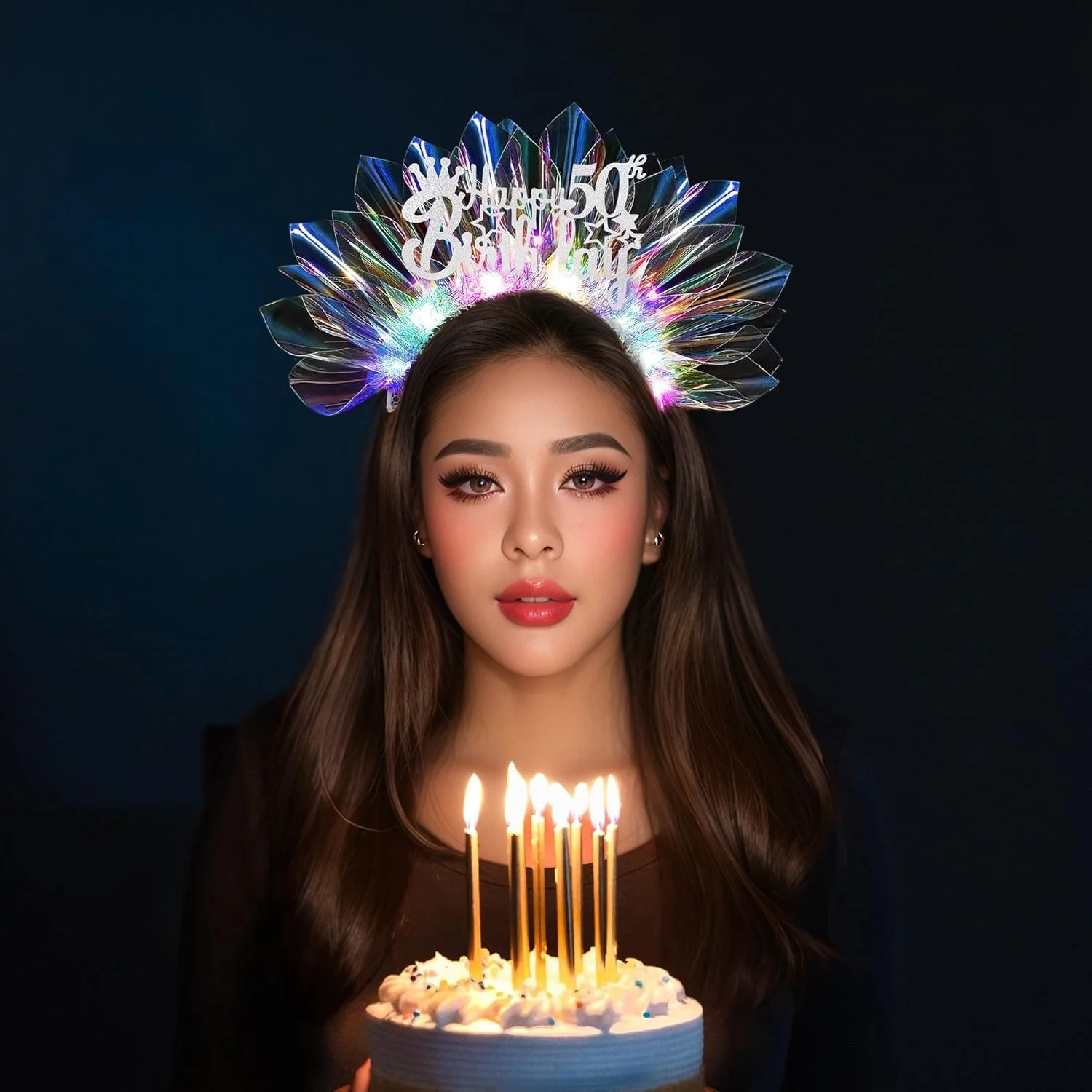Happy 50th Birthday Headband Handmade LED Luminous Laser Birthday Crown 50th Female Party Decoration Prop241114