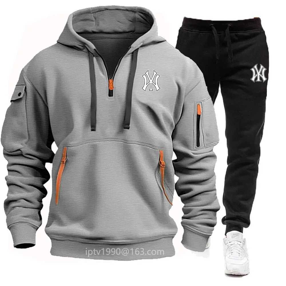 Mens Mens autumn and winter multi pocket zipper hooded sweatshirt+sweatpants 2 sets of casual jogging hooded sweatshirt sportswear X241113