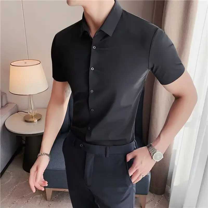 Summer Mens Short Sleeved Shirt Korean Slim Long Sleeved Elastic Business Casual Social Formal Shirt Y2k Elegant Mens ClothingXJ24113