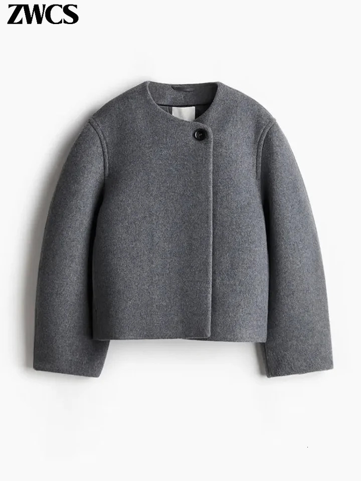 Elegant Short Woolen Coat Loose One Button Oneck Long Sleeve Jackets 2024 Autumn Winter Female Chic Streetwear 241113