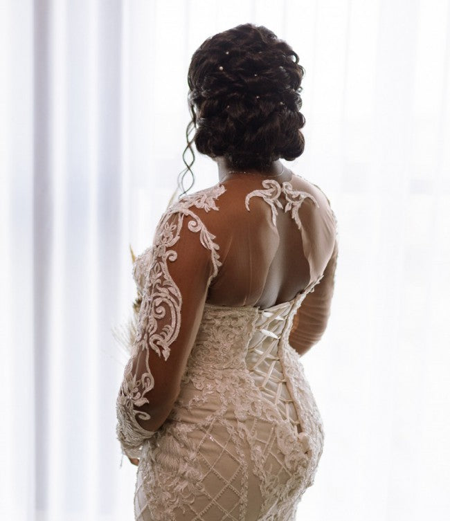 Sexy Women Wedding Dress White Lace Long Dress Deep V-neck Long Mesh Lace Sleeve A-line Pleated Floor-length Dresses 02