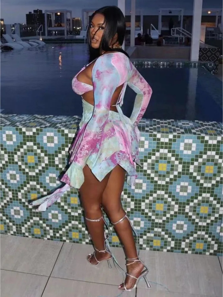 Weird Puss Sweet Women 3 Piece Set Sexy Tie Dye Print Irregular Butterfly CamisoleCrop TopsSkirts Matching Streetwear Outfits 240403Z