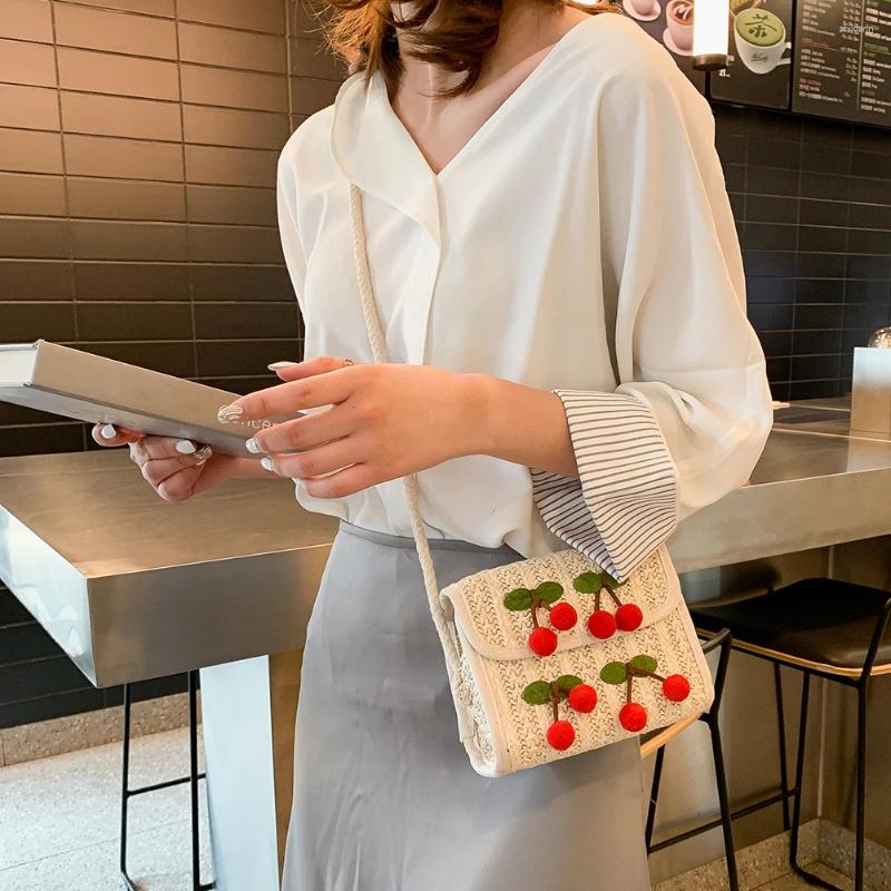 Totes Summer Straw Handmade Messenger Bags Women Woven Cute Cherry Shoulder Handbag Flap Beach Mini Square Crossbody zhanyishengli
