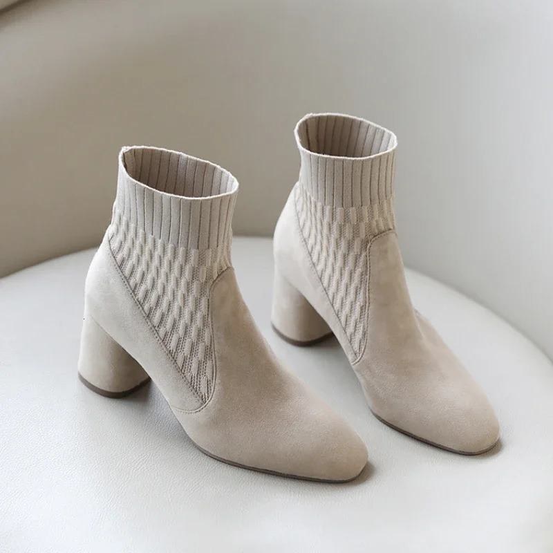 Pointed Ankle Boots Winter Womens Casual Chelsea Boots Womens Middle Boots Knitted Socks Boots Womens Artificial Suede Womens Boots 241113
