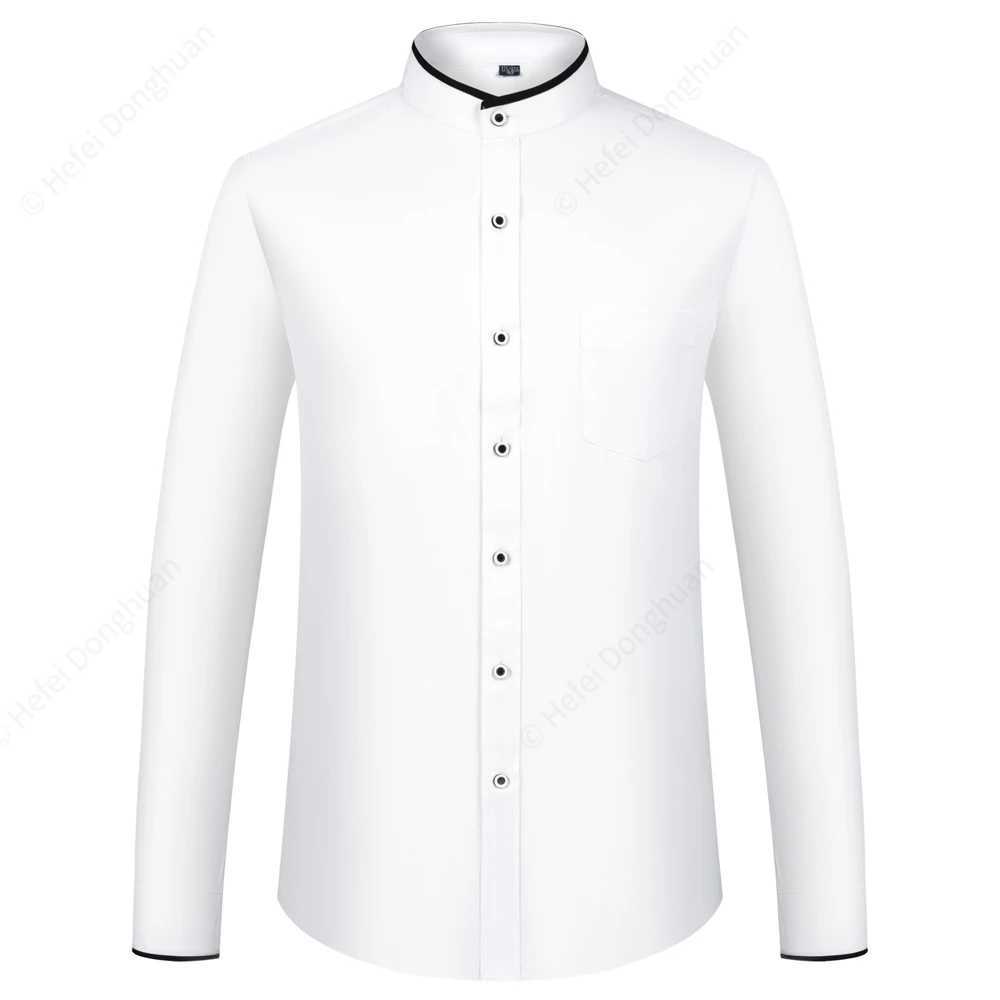 Mens Color Matching Long Sleeve Mandarin Collar Shirt Patch Chest Pocket Regular-fit Dress Shirts For Business ActivitiesXJ24113