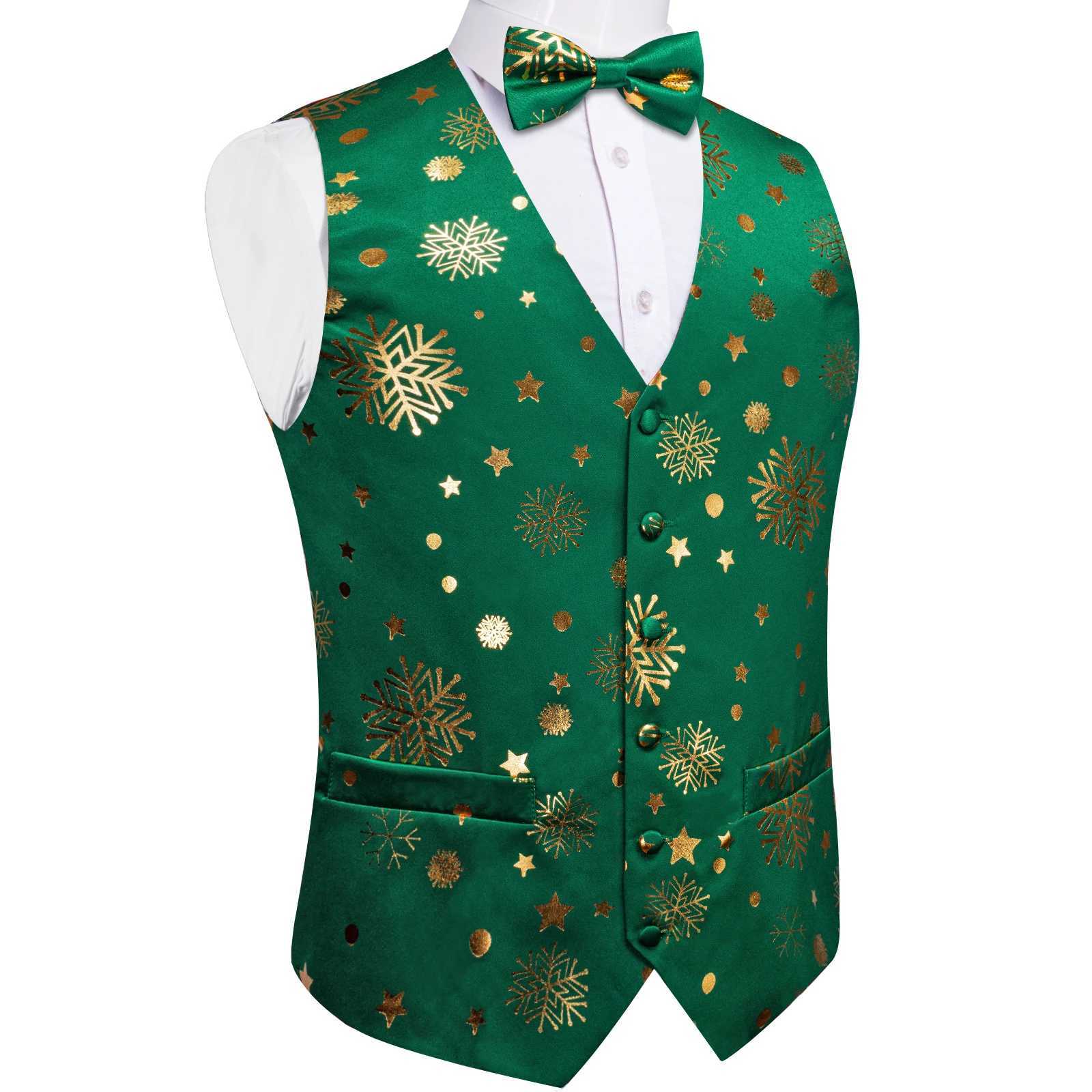 Green Christmas Men Vest Bowtie Pocket Square Cufflinks Set Printed Snowflake Waistcoat for Man Accessories Party Necktie Gifts LX241114