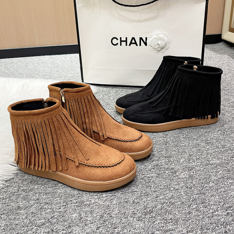 Winter women's new tassel boots, short leg side zipper low heel sponge sole, thick suede women's shoes
