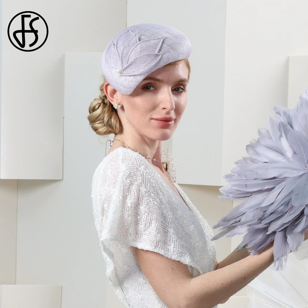 FS Literary Versatile Beret Light Gray Sinamay Hats Fascinators For Women Elegant Cocktail Party Headdress Lady Cap 240412