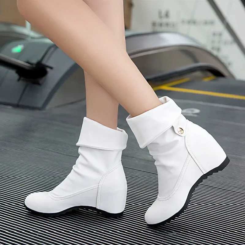 High Quality Womens Wedge Boots Plus Size 33-43 Spring and Autumn Flat Lg Pu Soft Leather Motorcycle Boots White Black T241113