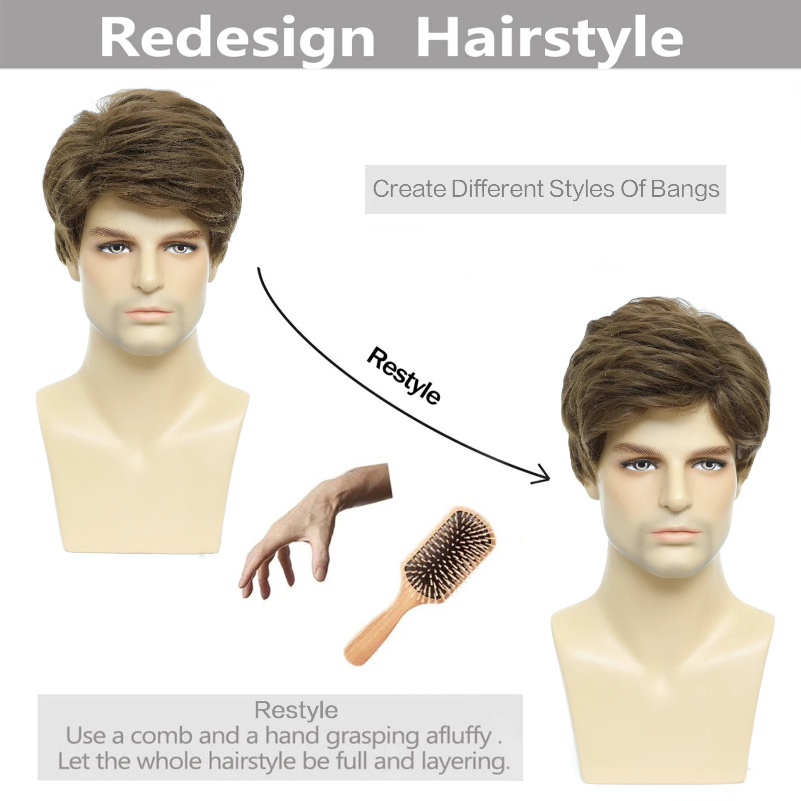 BCHR Mens Wigs Short Brown Wig Men Natural Fluffy Cosplay Costume Synthetic Mens Wig for Male Guy 240412