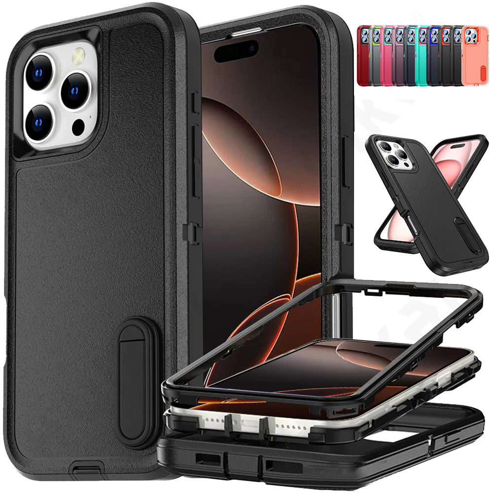 Kickstand Heavy Duty Shockproof Case Full Body 3 in 1 Silicone Hard PC Cover For iPhone 17 16e 16 15 14 13 12 11 Pro Max XR X 8 7 Plus Samsung S22 S23