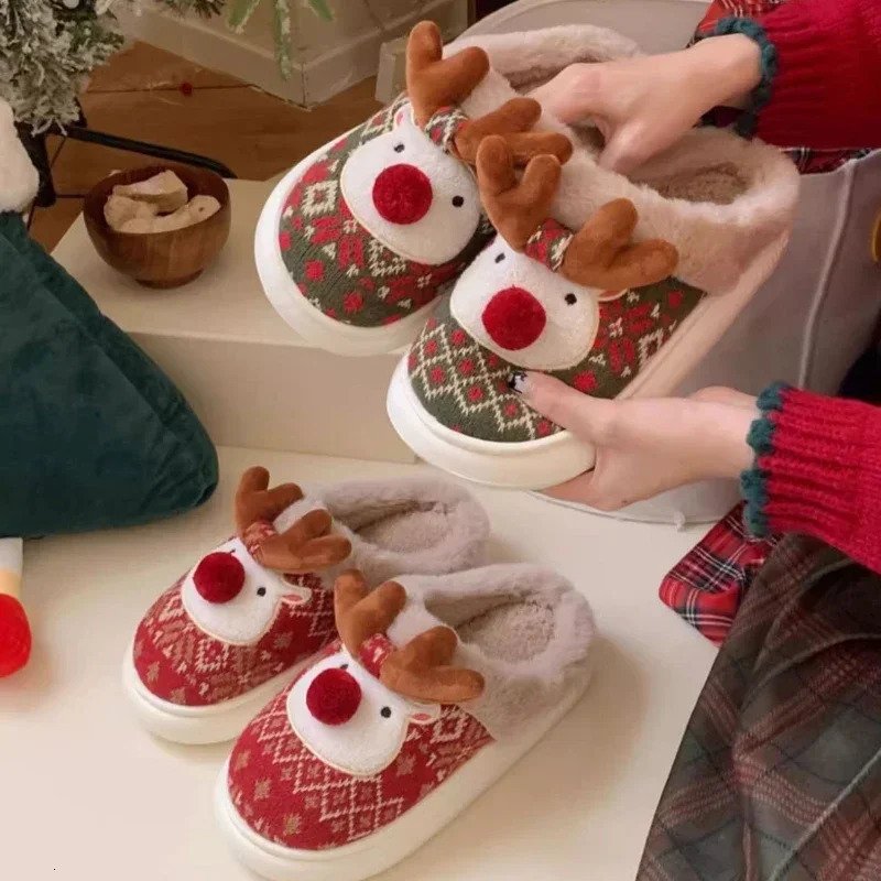 2024 Christmas Cotton Womens Slide Cute Cartoon Deer Anti slip Girl Indoor Home Floor Shoes Fashion Party Slide 241113