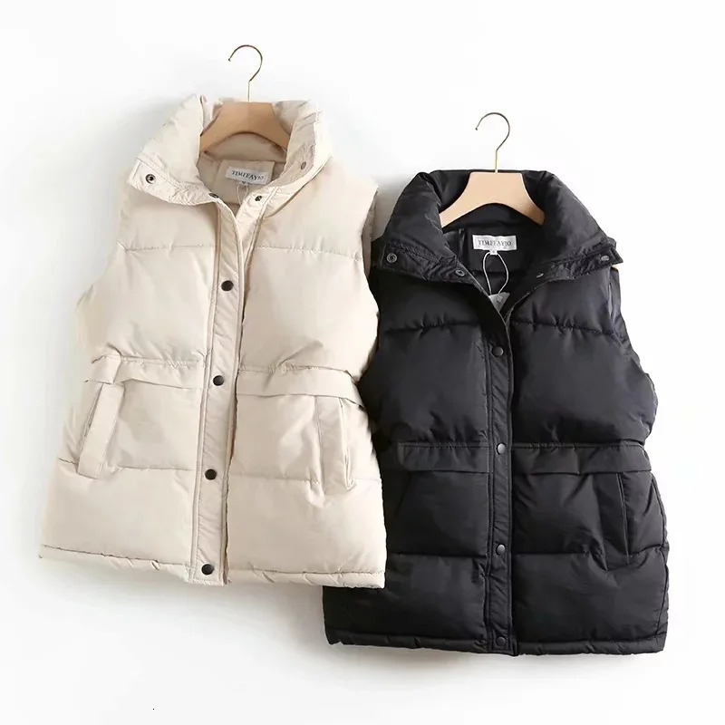 Autumn Winter Women Solid Loose Vest Drawstring Stand Collar Long Jacket Cotton Padded Windproof Warm Waistcoat 241113