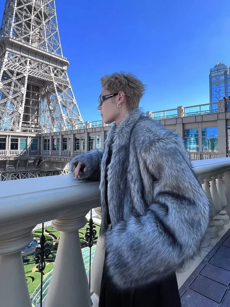 Korean fashion fox hair mens jacket street silver fox fur short thick casual winter street clothing warm faux fur coat 241113