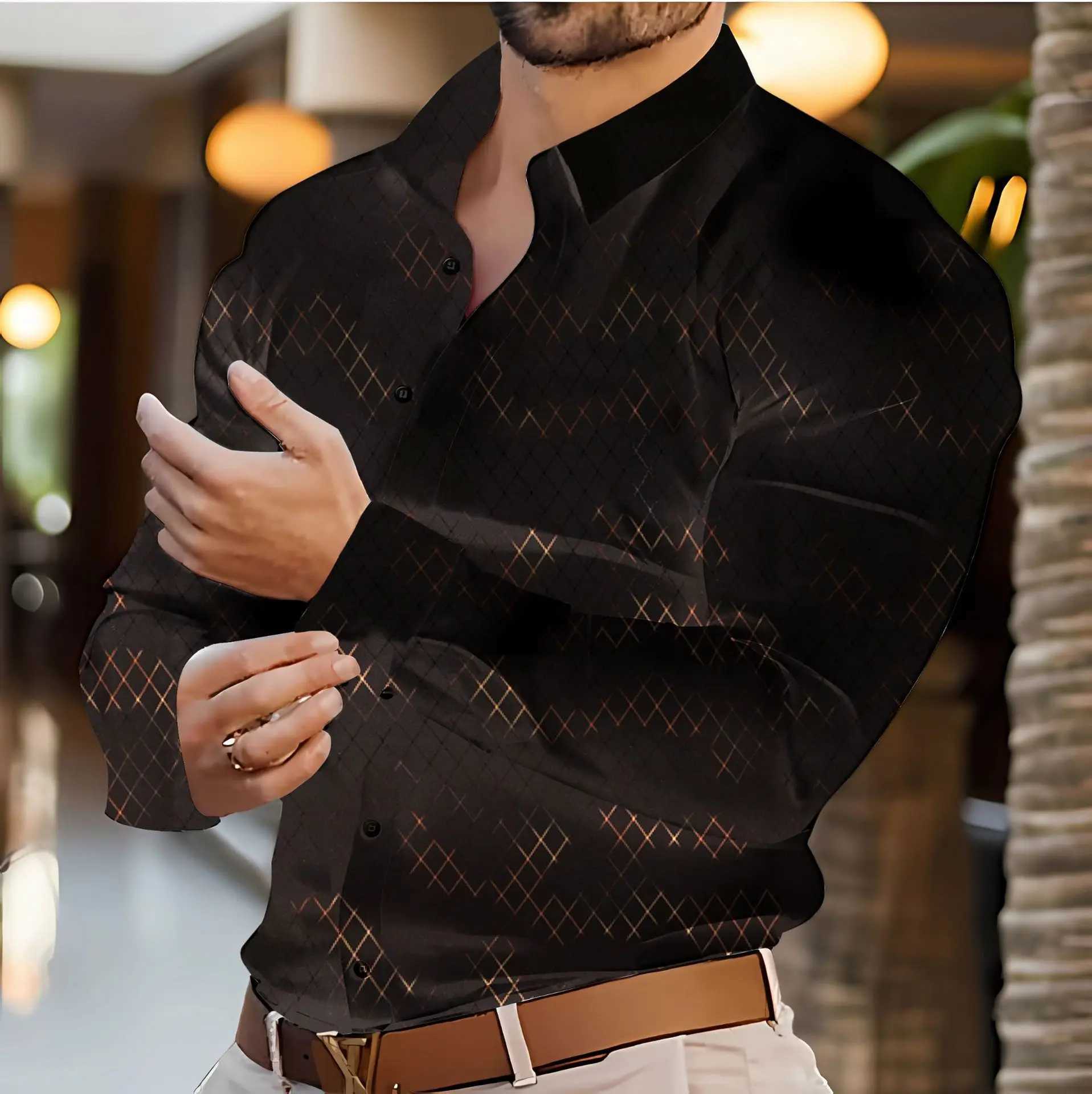 2024 Fashion New Mens casual party shirt Spring and Autumn travel mens lapel print long-sleeved ShirtXJ24113