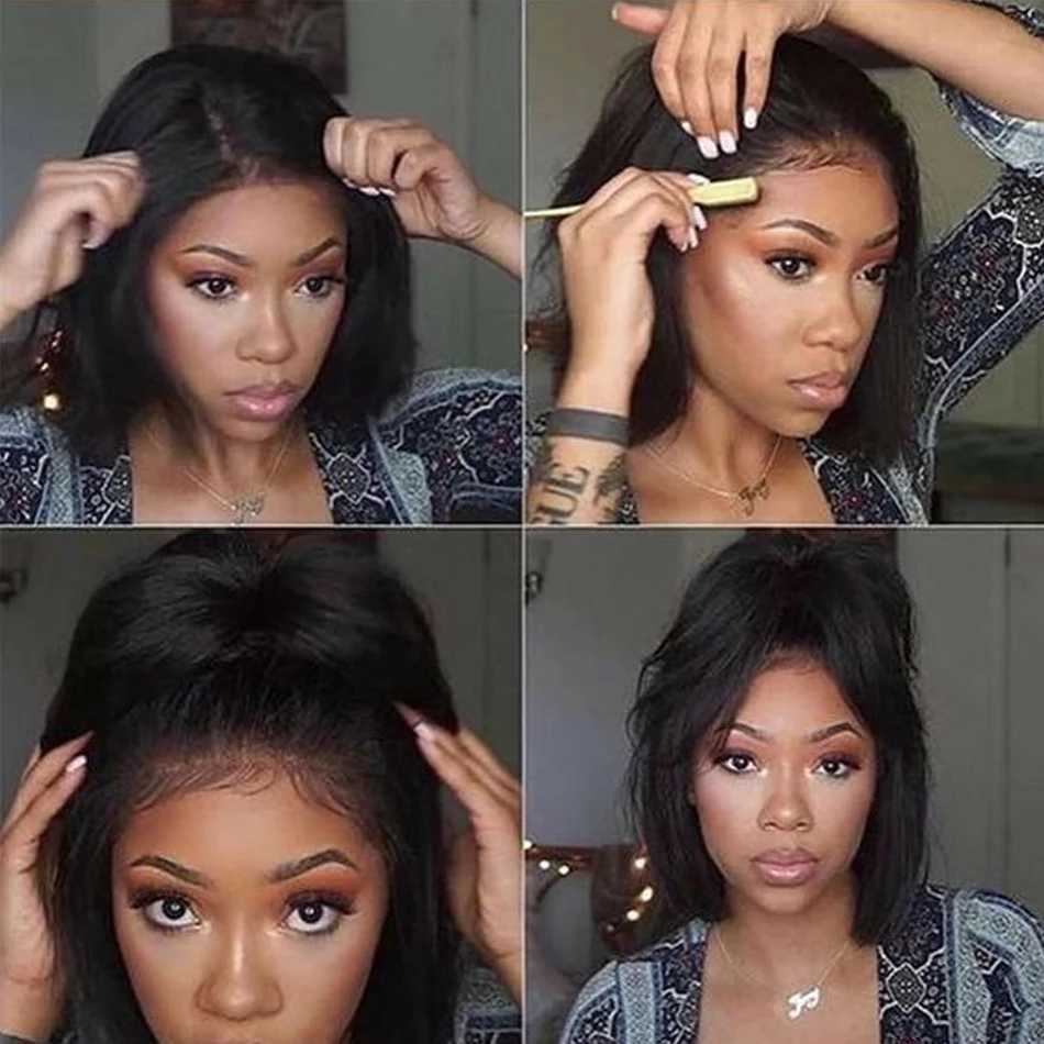 13X4 Glueless Kinky Straight Bob Lace Frontal Wigs Ready To Wear 100% Human Hair Wigs Yaki Brazilian Short Bob HDTransparent WigXJ241227