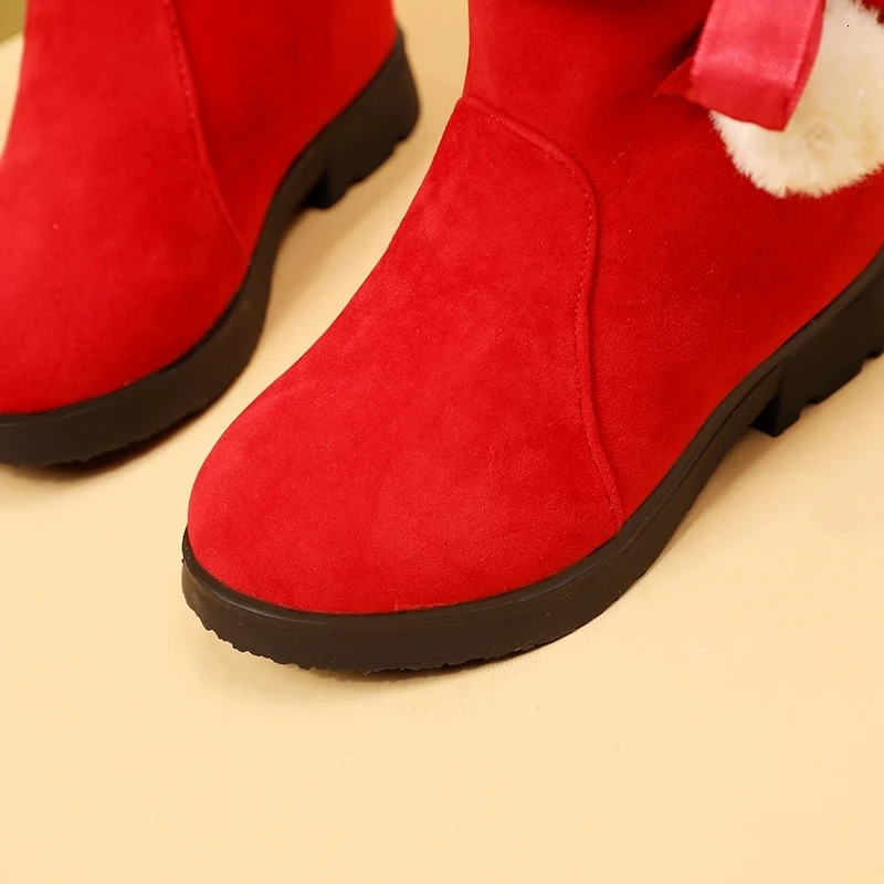 Girls winter boots warm plush Christmas red boots cute fur childrens cotton shoes anti slip childrens rubber snow boots 241113