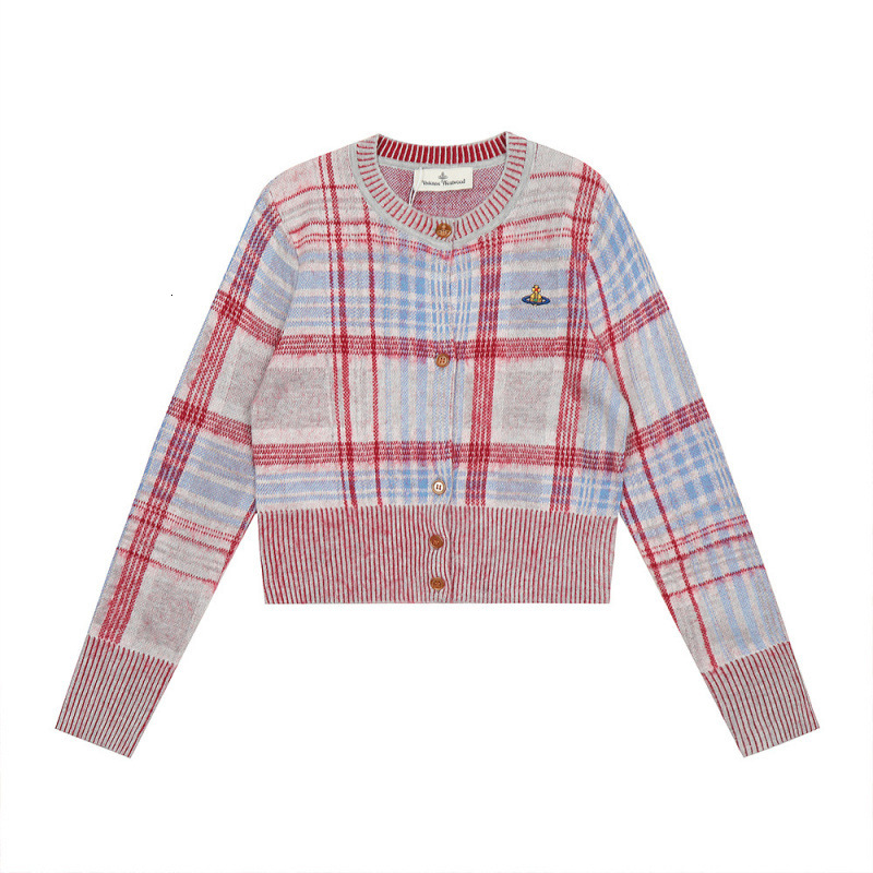 Designer Vivienmes Westwood Empress Dowager Saturn Embroidered Sweater Plaid Contrasting Color Knit Cardigan Top