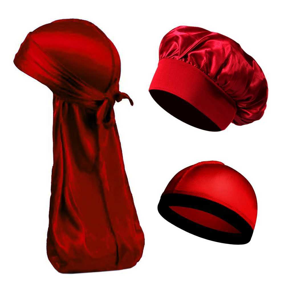 Neutral womens silk satin hat 3-piece set Durag Bonnet silk Durags Bandanas mens turbo hat long tail sleep shower hat W241113